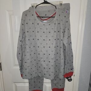 Champion Gray Pajama Set with Navy Logo and Red Trim